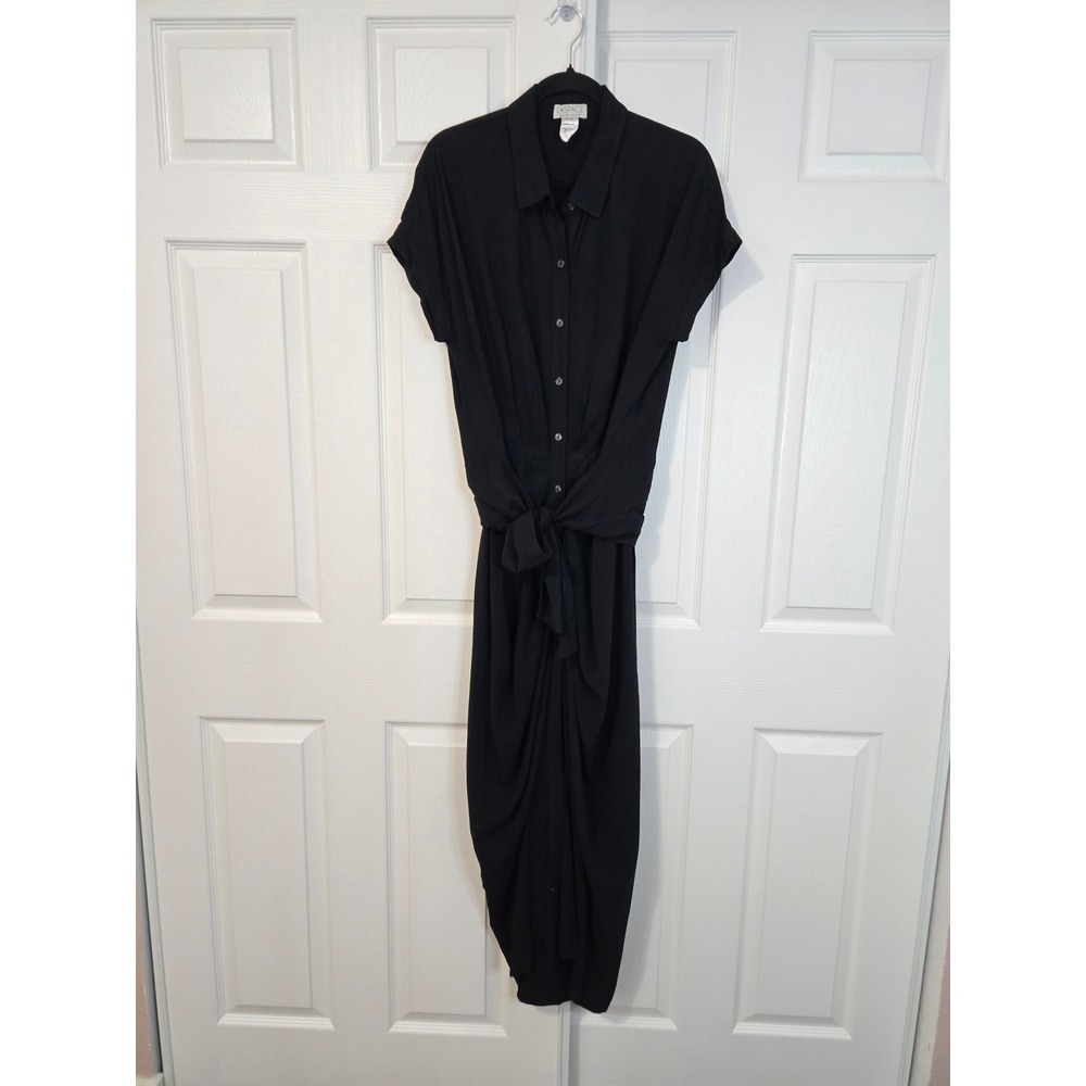 L*Space Black Rayon Button Front Tie Waist Midi Shirt Dress Large L/G L SPACE